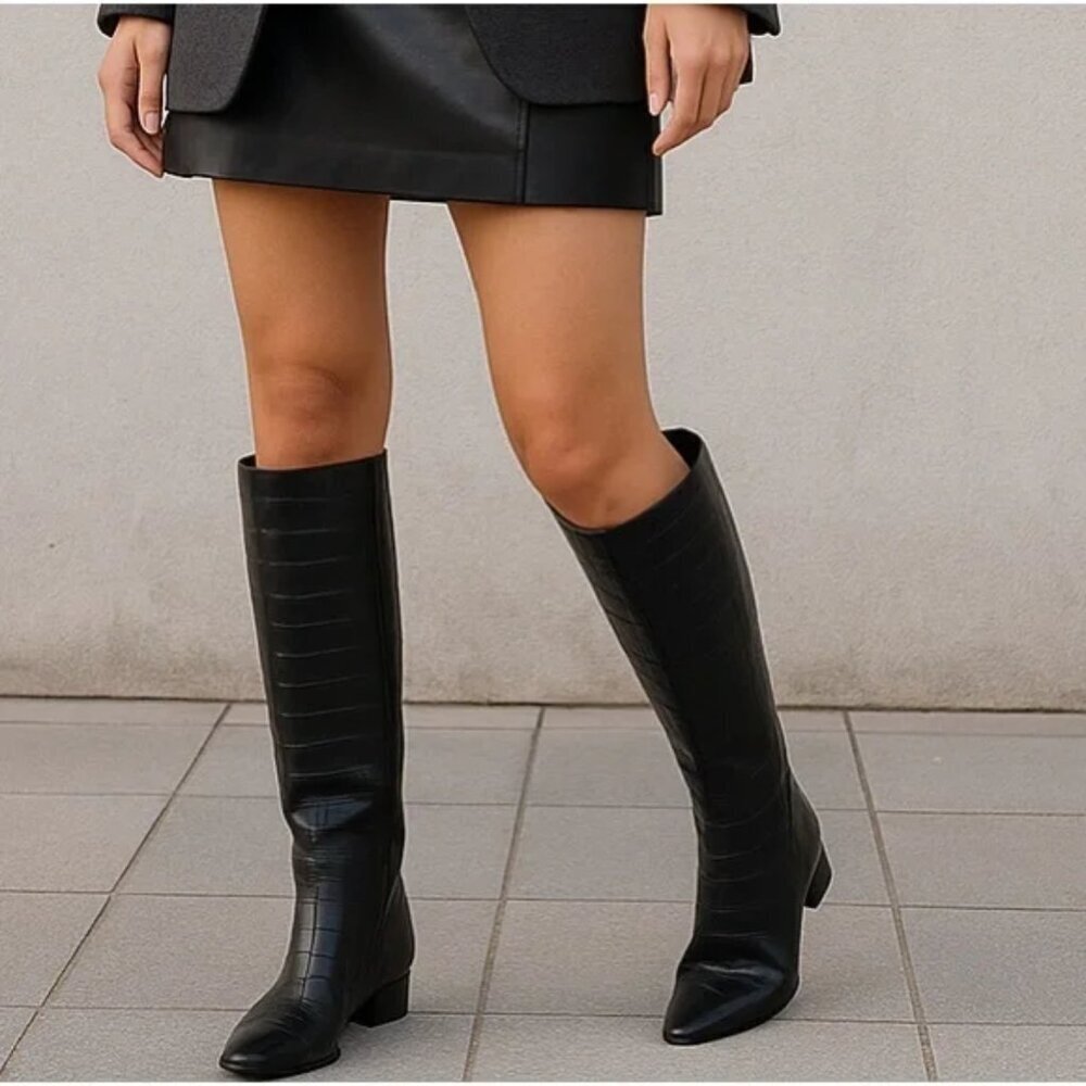 NEW Gianni Bini Sharri Croc Embossed Leather Tall Boots in Black - Picture 2 of 4